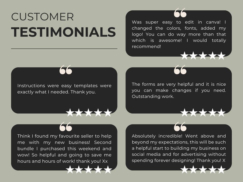 May include: A graphic displaying customer testimonials. The title "CUSTOMER TESTIMONIALS" is at the top. The testimonials are in black speech bubbles with white text and star ratings. The text includes positive feedback about ease of use and helpfulness.