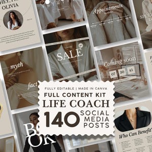 May include: A digital content kit for life coaches featuring 140 editable social media post templates. The central graphic displays the text FULLY EDITABLE | MADE IN CANVA FULL CONTENT KIT LIFE COACH 140 SOCIAL MEDIA POSTS in dark brown.
