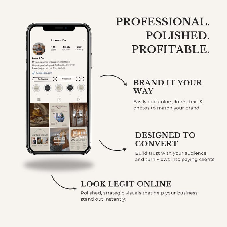May include: A smartphone displays a social media profile with the text "Lume & Co." and the tagline "Modern services with a personal touch." The image includes the text "PROFESSIONAL. POLISHED. PROFITABLE."
