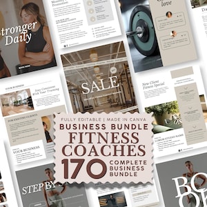 May include: A digital business bundle for fitness coaches featuring 170 editable templates in Canva. The collection includes various layouts with neutral tones, fitness imagery, and text overlays such as Stronger Daily, Sale, and Business Bundle.
