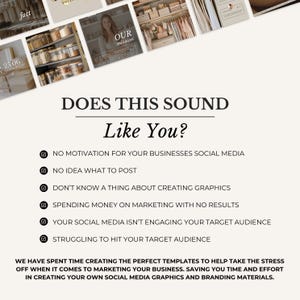 May include: A graphic with the text "DOES THIS SOUND Like You?" followed by a list of social media marketing challenges. The image also includes the text "OUR mission" and other text about templates for social media graphics.