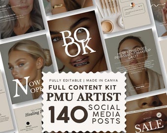 Könnte beinhalten: Ein digitales Content-Kit für PMU-Künstler mit 140 bearbeitbaren Social-Media-Post-Vorlagen. Die Sammlung enthält verschiedene Layouts mit Texteinblendungen, Beauty-Fotografie und grafischen Elementen für das Permanent-Make-up-Marketing.