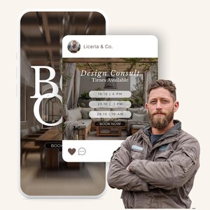 May include: A smartphone screen displays a design consultation interface with the text "Design Consult" and available times. The screen shows a man with a beard and a gray jacket. The app is branded "Liceria & Co."