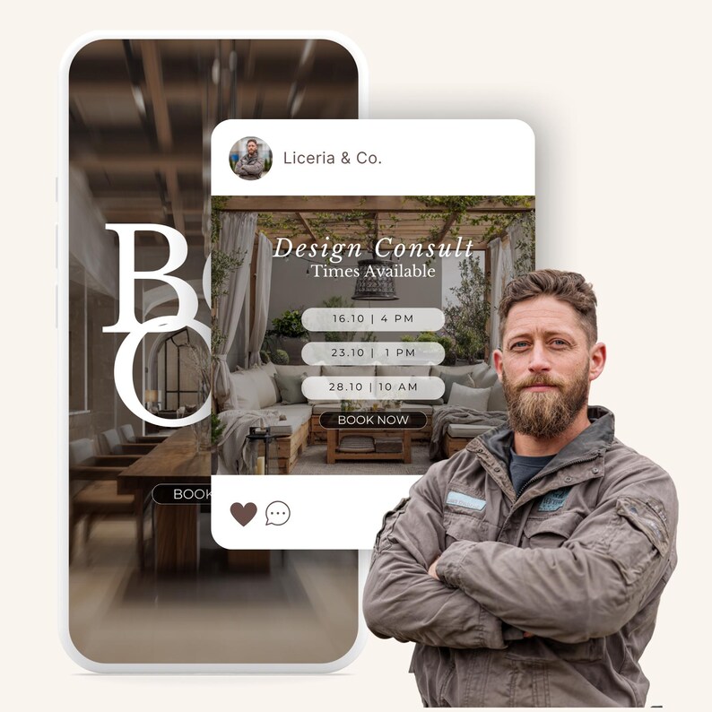 May include: A smartphone screen displays a design consultation interface with the text "Design Consult" and available times. The screen shows a man with a beard and a gray jacket. The app is branded "Liceria & Co."
