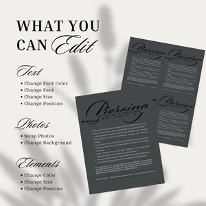 Puede incluir: Dise&ntilde;o gr&aacute;fico con el texto "WHAT YOU CAN Edit" en una fuente decorativa. Debajo, el texto describe opciones para editar texto, fotos y elementos. Dos hojas de color gris oscuro muestran "Piercing Aftercare Instructions".