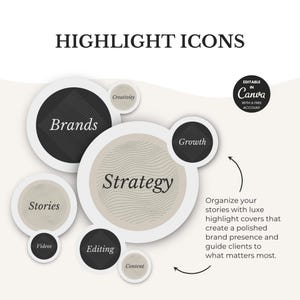 Pode incluir: Um conjunto de &iacute;cones circulares de destaque com os textos Brands, Strategy, Growth, Stories, Videos, Editing, Content e Creativity. O design utiliza uma paleta de cores preta, branca e bege com padr&otilde;es de linhas onduladas. Um selo circular indica que os &iacute;cones s&atilde;o edit&aacute;veis no Canva com uma conta gratuita, acompanhado de texto descritivo sobre a organiza&ccedil;&atilde;o de stories.