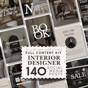 May include: A digital content kit for interior designers featuring 140 social media post templates. The collection includes various layouts with neutral colour palettes, serif typography, and interior photography, all fully editable in Canva.