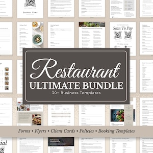 Könnte beinhalten: Eine Sammlung von Restaurant-Geschäftsvorlagen, darunter Formulare, Flyer und Kundenkarten. Das zentrale Bild zeigt ein dunkelgraues Rechteck mit den Worten "Restaurant ULTIMATE BUNDLE" und "30+ Business Templates". Zusätzlicher Text lautet "Forms • Flyers • Client Cards • Policies • Booking Templates".