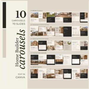 Könnte beinhalten: Ein digitales Vorlagenset mit dem Titel Home Builder Carousels, das 10 Karussells und 70 Folien für Canva enthält. Das Design verwendet eine neutrale Farbpalette aus Beige, Schwarz und Weiß und zeigt verschiedene Folienlayouts mit Text und Bildern.
