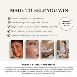 May include: An advertisement with the headline "MADE TO HELP YOU WIN" and bullet points detailing benefits. Includes images of a person, close-up of skin, a spa interior, and a woman in a gray uniform. Text reads "BUILD A BRAND THEY TRUST".