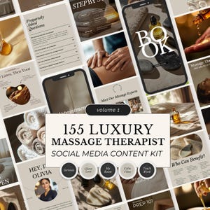 May include: A promotional image for a massage therapist social media content kit. The image features various mockups of social media posts, including text that reads "155 Luxury Massage Therapist Social Media Content Kit". The color palette is neutral with beige and brown tones.