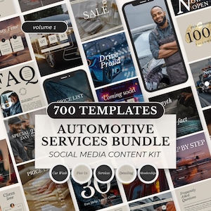 Könnte beinhalten: Eine Sammlung von Social-Media-Vorlagen für Automobildienstleistungen. Das Bild zeigt verschiedene Layouts mit Text wie "700 TEMPLATES", "AUTOMOTIVE SERVICES BUNDLE" und "Car Wash". Das Farbschema umfasst Beige, Schwarz und Weiß.