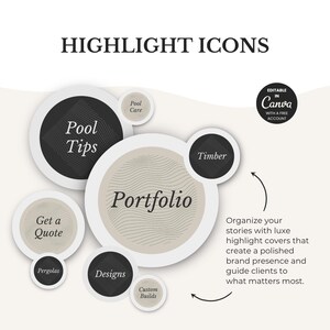 May include: Graphic with the text "HIGHLIGHT ICONS" and several circular icons. The icons include "Pool Tips," "Portfolio," "Get a Quote," "Designs," and "Timber." The image also includes the text "EDITABLE IN Canva WITH A FREE ACCOUNT."