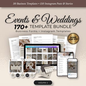Può includere: Un pacchetto di modelli aziendali per eventi e matrimoni, tra cui oltre 170 modelli, moduli aziendali e modelli Instagram. L'immagine presenta un tablet, uno smartphone e moduli stampati, con il testo "Events & Weddings" e "volume 1".