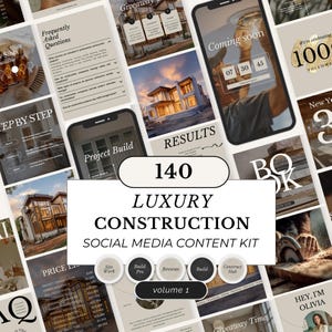 Op de afbeelding: Een verzameling social media templates voor luxe bouw, met 140 ontwerpen. De kit bevat templates voor veelgestelde vragen, project builds, resultaten en weggeefacties. Het ontwerp maakt gebruik van een neutraal kleurenpalet met tekst zoals "Luxury Construction".