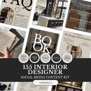 Puede incluir: Imagen promocional para un kit de contenido de redes sociales de diseño de interiores. La imagen presenta varios elementos de diseño, incluyendo escenas de cocina y sala de estar, muestras de tela y el texto "155 Interior Designer Social Media Content Kit volume 1".