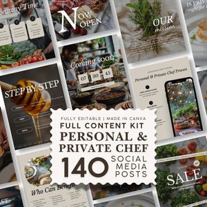 Könnte beinhalten: Ein digitales Content-Kit für persönliche und private Köche mit 140 Social-Media-Beitragsvorlagen. Die zentrale Grafik zeigt den Text FULLY EDITABLE | MADE IN CANVA FULL CONTENT KIT PERSONAL & PRIVATE CHEF 140 SOCIAL MEDIA POSTS.