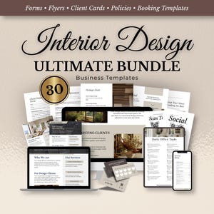 Pode incluir: Uma imagem que mostra um pacote de modelos de negócios para design de interiores. O texto diz "Interior Design ULTIMATE BUNDLE" com "30" em um círculo dourado. Vários dispositivos digitais e materiais impressos são exibidos.