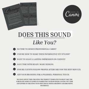 Puede incluir: Gr&aacute;fico promocional con el texto "DOES THIS SOUND Like You?" y una lista de beneficios. La imagen incluye maquetas de tarjetas de visita y un logotipo "Made in Canva", lo que sugiere plantillas de dise&ntilde;o listas para usar para marketing.