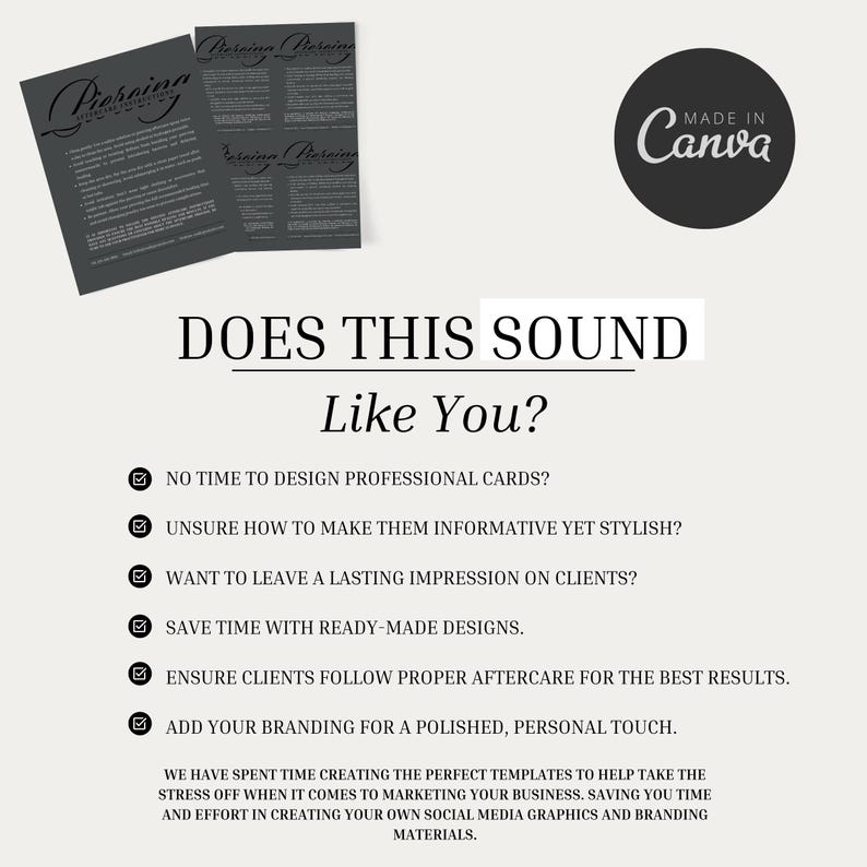 Puede incluir: Gr&aacute;fico promocional con el texto "DOES THIS SOUND Like You?" y una lista de beneficios. La imagen incluye maquetas de tarjetas de visita y un logotipo "Made in Canva", lo que sugiere plantillas de dise&ntilde;o listas para usar para marketing.