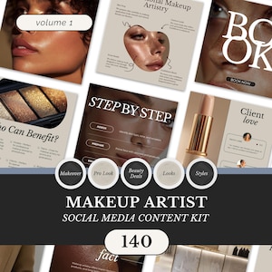 Puede incluir: Imagen promocional para un kit de contenido de redes sociales para maquilladores. La imagen presenta varios elementos, incluyendo primeros planos de rostros, un lápiz labial y texto que dice "volume 1", "STEP BY STEP" y "MAKEUP ARTIST SOCIAL MEDIA CONTENT KIT".