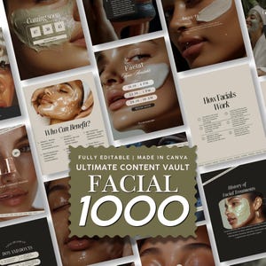 May include: A digital content template collection for facial treatments featuring multiple social media post layouts with text overlays like Coming Soon, Who Can Benefit, and History of Facial Treatments, centered on a large badge reading FACIAL 1000.