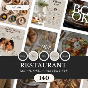 May include: A restaurant social media content kit with the text "volume 1" and "140". The kit includes various layouts with food, dining, and customer testimonials. The words "Dining", "Eats", "Offers", "Reservations", and "Specials" are also visible.
