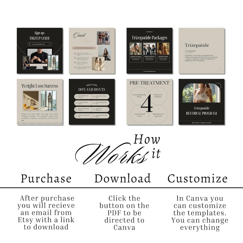 May include: A digital marketing template set for Trizepatide featuring eight square graphics with beige and black color schemes. The text includes headings like Trizepatide Packages, Do's and Don'ts, and Pre-Treatment, alongside instructional text.