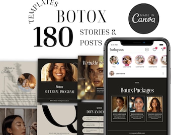 Può includere: Una collezione di 180 modelli di social media per promuovere i trattamenti di Botox. I modelli presentano immagini di donne, testo su Botox e un programma di referral. I modelli sono progettati per essere utilizzati su Instagram e altre piattaforme di social media.