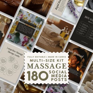 Könnte beinhalten: Ein digitales Marketing-Kit für Social-Media-Beiträge zur Massagetherapie mit 180 bearbeitbaren Vorlagen. Die Sammlung enthält verschiedene Layouts mit Textüberlagerungen, Spa-Fotos, Massageölen, Handtüchern und floralen Akzenten.
