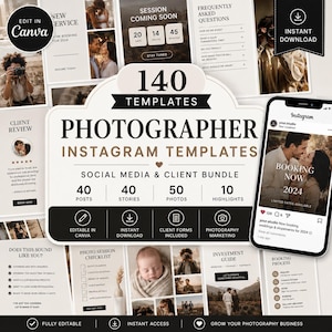 Op de afbeelding: Een verzameling van 140 Instagram-sjablonen voor fotografen, inclusief berichten, verhalen, foto's en highlights. Het ontwerp heeft een moderne esthetiek met een mobiele telefoon mockup met een boekingsadvertentie. De sjablonen zijn volledig bewerkbaar in Canva.