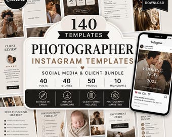 Plantillas de Instagram para fotógrafos, paquete de marketing para fotografía, publicaciones, historias y formularios para clientes en Canva.