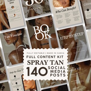 Könnte beinhalten: Ein digitales Content-Kit für soziale Medien mit 140 bearbeitbaren Vorlagen für Sprühbräunung. Das Design umfasst verschiedene Layouts mit Texten wie BOOK, Tan Timeline, STEP BY STEP und PREP 101 sowie Bilder von Personen mit gebräunter Haut.