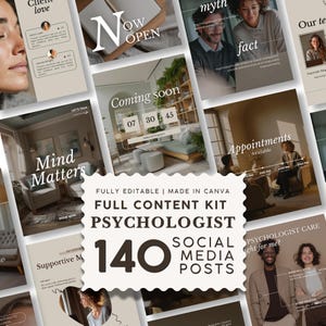 Pode incluir: Um kit de conteúdo digital para psicólogos com 140 modelos de posts para redes sociais. A coleção inclui vários layouts em tons de bege neutros, imagens de interiores de escritórios e sobreposições de texto como Mind Matters e Appointments.