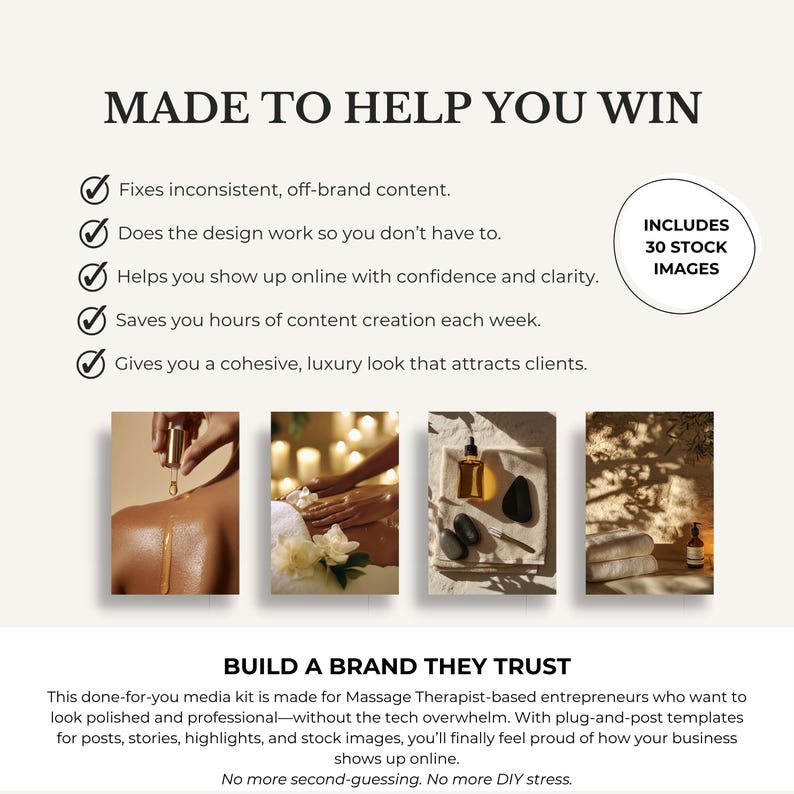 May include: An advertisement with the text "MADE TO HELP YOU WIN" and "BUILD A BRAND THEY TRUST". The image includes four smaller images of spa treatments and a circle that says "INCLUDES 30 STOCK IMAGES".