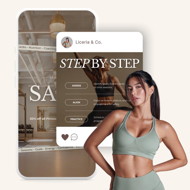 May include: A woman in a sage green sports bra and leggings stands next to a phone displaying a fitness app. The app's interface features the text "STEP BY STEP" and prompts for assessing goals, aligning posture, and practicing exercises. The app also shows a 30% off fitness sale.