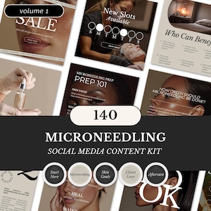 May include: A promotional image for a microneedling social media content kit. The image features various graphics with text such as "SALE", "New Slots Available", and "Microneedling Prep 101". The kit includes content for skin care and beauty.