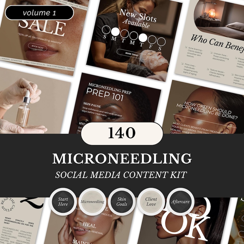 May include: A promotional image for a microneedling social media content kit. The image features various graphics with text such as "SALE", "New Slots Available", and "Microneedling Prep 101". The kit includes content for skin care and beauty.