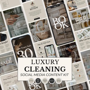 Op de afbeelding: Een social media content kit voor luxe schoonmaakdiensten. De afbeelding toont smartphone-mockups met tekstoverlays, waaronder "BOOK", "New Years Sale" en "Luxury Cleaning". Andere elementen zijn schoonmaakproducten en klantbeoordelingen.
