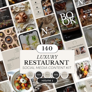 以下が含まれることがあります： レストラン向けのソーシャルメディアコンテンツテンプレートのコレクション。料理、飲み物、レストランのインテリアの画像が特徴です。「Luxury Restaurant」、「Social Media Content Kit」、「140」というテキストがモダンでミニマリストなスタイルで表示されています。
