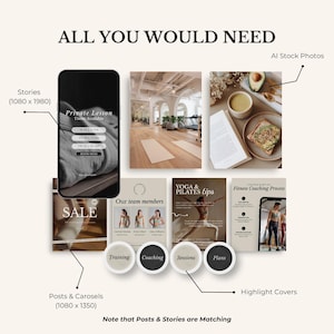 May include: A digital marketing graphic with the text "ALL YOU WOULD NEED". It includes a smartphone screen, yoga studio, food, and social media templates for posts, stories, and highlight covers. The image promotes fitness and wellness.