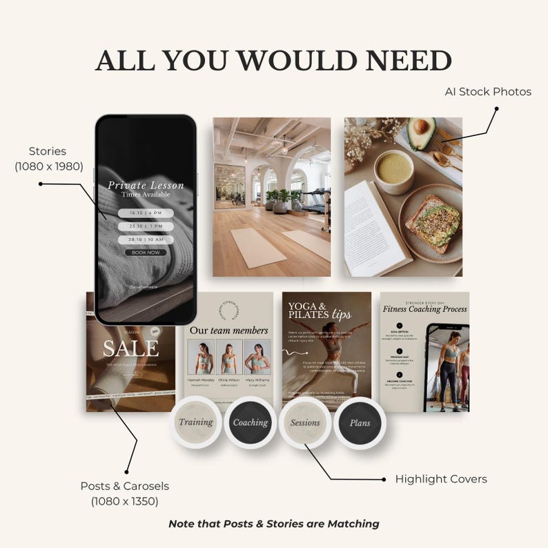 May include: A digital marketing graphic with the text "ALL YOU WOULD NEED". It includes a smartphone screen, yoga studio, food, and social media templates for posts, stories, and highlight covers. The image promotes fitness and wellness.
