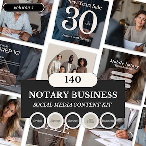 May include: A collection of social media content templates for notary businesses. The design features a variety of images, including people, text, and graphics. The text includes "Notary Business," "Social Media Content Kit," and "140".