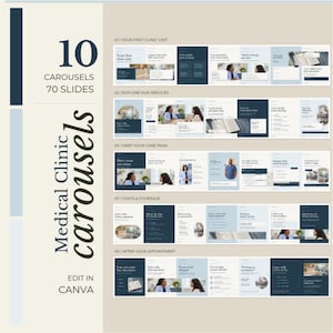 Könnte beinhalten: Ein digitales Vorlagenset mit 10 Karussells und 70 Folien für eine medizinische Klinik, bearbeitbar in Canva. Das Design verwendet eine blau-beige Farbpalette mit Textüberschriften wie Your First Clinic Visit, Explore Our Services und Costs & Coverage.