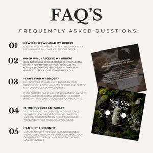 Puede incluir: Una hoja de preguntas frecuentes digital con el t&iacute;tulo "FAQ'S" y el subt&iacute;tulo "FREQUENTLY ASKED QUESTIONS". Responde preguntas sobre la descarga de pedidos, la recepci&oacute;n de pedidos y los reembolsos. Incluye dos im&aacute;genes.