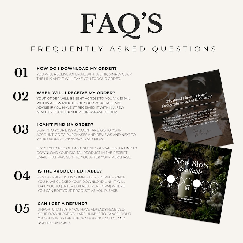 Puede incluir: Una hoja de preguntas frecuentes digital con el t&iacute;tulo "FAQ'S" y el subt&iacute;tulo "FREQUENTLY ASKED QUESTIONS". Responde preguntas sobre la descarga de pedidos, la recepci&oacute;n de pedidos y los reembolsos. Incluye dos im&aacute;genes.