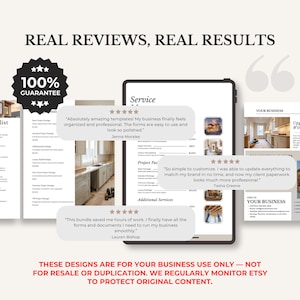 May include: A digital tablet displays a service menu with customer reviews and a 100% guarantee badge. The reviews highlight the templates' ease of use and professional appearance. The text reads "Real Reviews, Real Results."