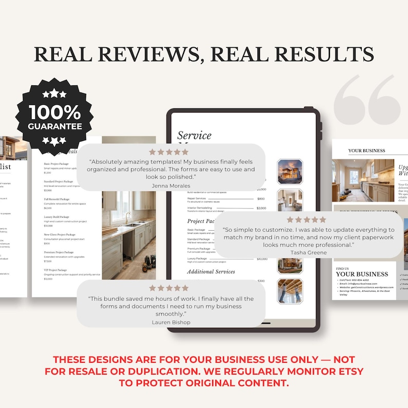 May include: A digital tablet displays a service menu with customer reviews and a 100% guarantee badge. The reviews highlight the templates' ease of use and professional appearance. The text reads "Real Reviews, Real Results."