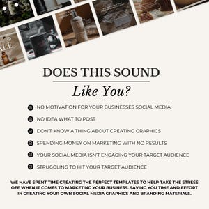 Puede incluir: Imagen promocional con el texto "&iquest;TE SUENA ESTO?" seguido de una lista de desaf&iacute;os de marketing en redes sociales. La imagen tambi&eacute;n incluye maquetas de productos y texto sobre plantillas para marketing.