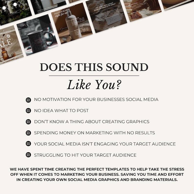 Puede incluir: Imagen promocional con el texto "&iquest;TE SUENA ESTO?" seguido de una lista de desaf&iacute;os de marketing en redes sociales. La imagen tambi&eacute;n incluye maquetas de productos y texto sobre plantillas para marketing.